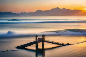 un muelle en el Oceano a puesta de sol con montañas en el antecedentes. generado por ai foto