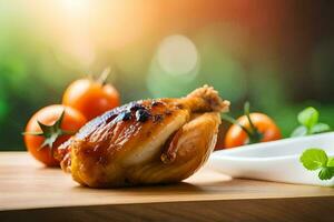 chicken on a wooden cutting board with tomatoes and a bowl of sauce. AI-Generated photo