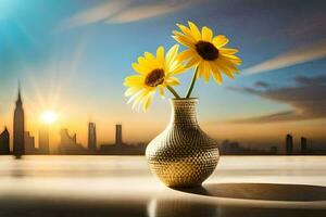 girasoles en un florero con el ciudad en el antecedentes. generado por ai foto