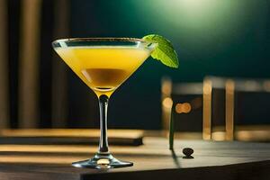 a cocktail with a green leaf on top. AI-Generated photo