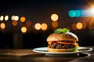 a hamburger on a plate with lights in the background. AI-Generated photo