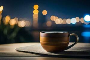 un taza de café en un de madera mesa en frente de un paisaje urbano a noche. generado por ai foto