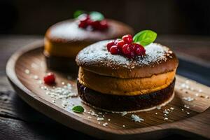 two cakes on a wooden tray with berries. AI-Generated photo