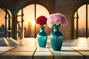 two vases with flowers sitting on a table in front of a window. AI-Generated photo