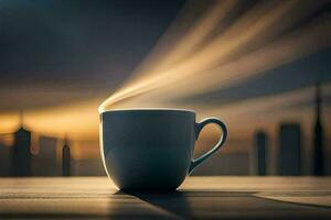 a cup of coffee on a table with a city in the background. AI-Generated photo