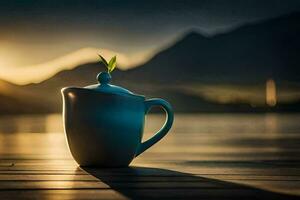 a teapot with a plant growing out of it on a wooden table. AI-Generated photo