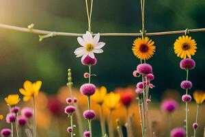 flowers hanging from clothesline in a field. AI-Generated photo