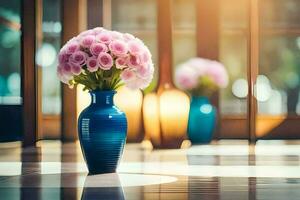 a blue vase with pink flowers sitting on a tiled floor. AI-Generated photo