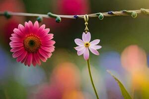 two pink flowers are hanging from a wire. AI-Generated photo