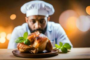 a chef is holding a chicken on a plate. AI-Generated photo
