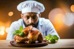 un cocinero es participación un pollo en un lámina. generado por ai foto