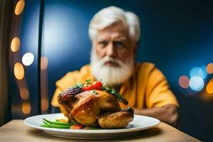 an old man with a beard sitting at a table with a chicken on it. AI-Generated photo