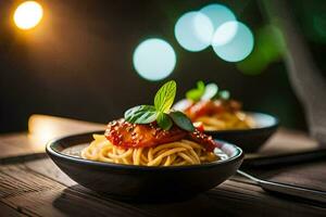 spaghetti with tomato sauce and basil leaves in a bowl. AI-Generated photo