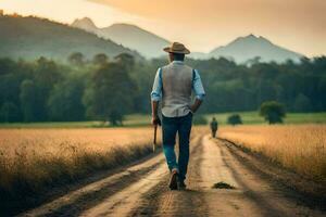 a man walking down a dirt road with a hat and cane. AI-Generated photo