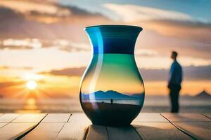 a vase with a man standing in the background. AI-Generated photo