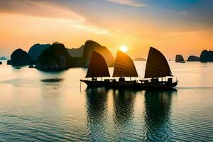 halong bahía, Vietnam, atardecer, puesta de sol en Vietnam, Vietnam. generado por ai foto