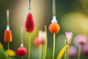flowers hanging from a string in a garden. AI-Generated photo