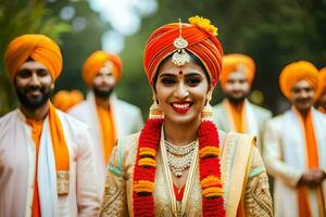 a bride in orange turban and gold jewelry. AI-Generated photo