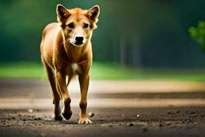 un marrón perro caminando en un suciedad la carretera. generado por ai foto