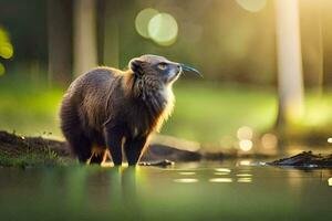 a cat standing in the water with a blue bird in its mouth. AI-Generated photo