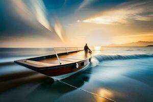 un hombre es en pie en un barco en el océano. generado por ai foto