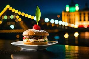 a burger with a raspberry on top on a plate. AI-Generated photo