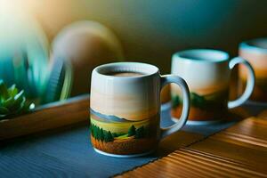 Tres café tazas con un pintura de un montaña escena. generado por ai foto