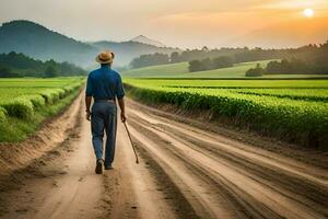 un hombre caminando abajo un suciedad la carretera con un caña. generado por ai foto