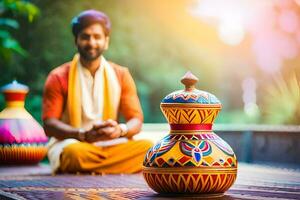 man meditating with colorful pottery. AI-Generated photo