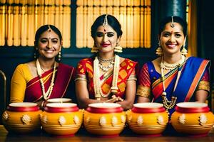 three women in traditional saris holding pots. AI-Generated photo