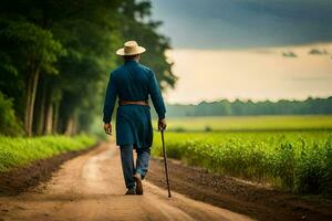 a man in a blue suit and hat walking down a dirt road. AI-Generated photo