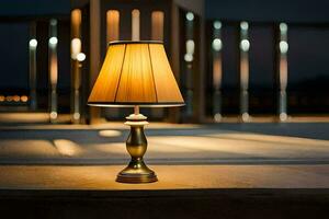 a lamp on a table in front of a building. AI-Generated photo