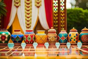 a row of colorful vases on a table. AI-Generated photo