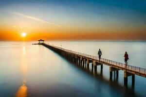 a couple walks along a pier at sunset. AI-Generated photo