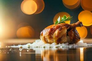 a chicken leg on a plate with a sprig of rosemary. AI-Generated photo