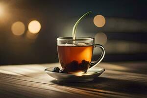 a cup of tea with berries and a green stem. AI-Generated photo