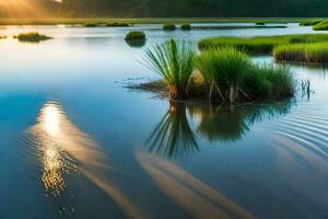 the sun is setting over a marsh with grass and water. AI-Generated photo