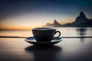 coffee cup on the table, coffee, the sea, sunrise, the mountains, hd. AI-Generated photo