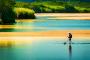 a man is walking across a river with a paddle. AI-Generated photo