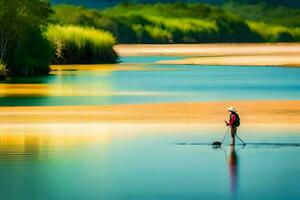 un hombre es caminando a través de un río con un paleta. generado por ai foto