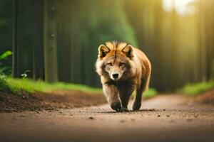 photo wallpaper the road, wolf, animal, forest, the sun, light, the forest,. AI-Generated