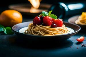 spaghetti with berries and mint on a dark table. AI-Generated photo