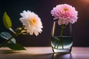 dos rosado flores en un vaso florero. generado por ai foto