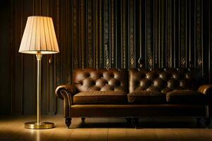 un cuero sofá y lámpara en un oscuro habitación. generado por ai foto