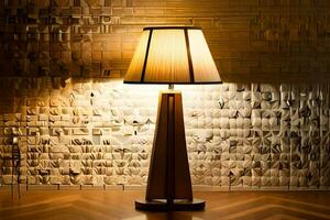 un lámpara es en un de madera piso en frente de un pared. generado por ai foto