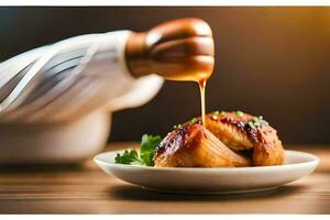 a chef pouring sauce over a piece of chicken. AI-Generated photo