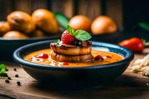 a bowl of soup with scallops and berries. AI-Generated photo