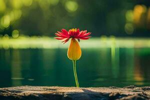 a single red flower stands on a rock in front of a lake. AI-Generated photo