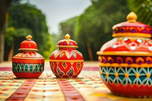 three colorful pots sitting on a colorful table. AI-Generated photo