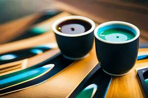 dos tazas de café en un de madera mesa. generado por ai foto